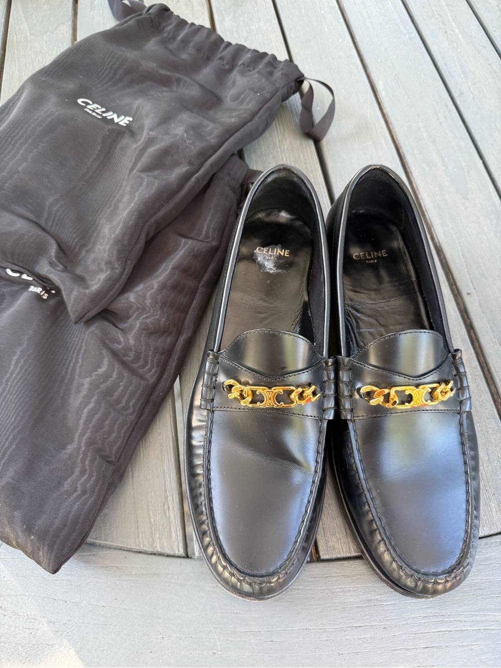 Celine Black Leather Loafers with Gold Chain Detail